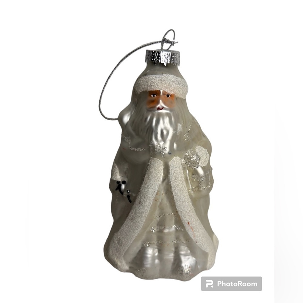 Blown Glass Santa Ornament 5” White Glitter Flocked Set Replacement